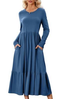 ASOMI Damen Kleid Elegant Langarm Dress Lang Sommerkleid Maxi Freizeitkleid mit Taschen Rundkragen Plissee Bequem Casual Lässig Blau Large von ASOMI