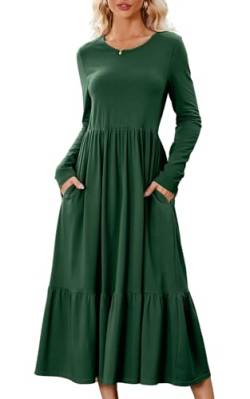 ASOMI Damen Kleid Elegant Langarm Dress Lang Sommerkleid Maxi Freizeitkleid mit Taschen Rundkragen Plissee Bequem Casual Lässig Grün Small von ASOMI