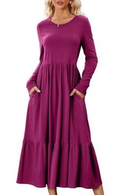 ASOMI Damen Kleid Elegant Langarm Dress Lang Sommerkleid Maxi Freizeitkleid mit Taschen Rundkragen Plissee Bequem Casual Lässig Purpurrot Large von ASOMI