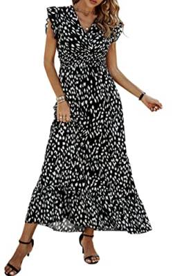 ASOMI Damen Kleider Langes Blumen: Hochzeit Strandkleid Boho Sommerkleid Lässig Wickelkleid Elegant Cocktailkleid Partykleid Swing V-Ausschnitt Kurz Flügelärmel Rüschen Maxikleid 23Schwarz L von ASOMI