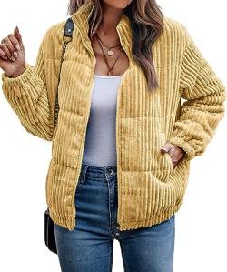 ASOMI Jacke Damen Kuschelige Fleecejacke Übergangsjacke Gefüttert Langarm Reißverschluss Herbst-Wintermantel mit Taschen Hellgelb Large von ASOMI