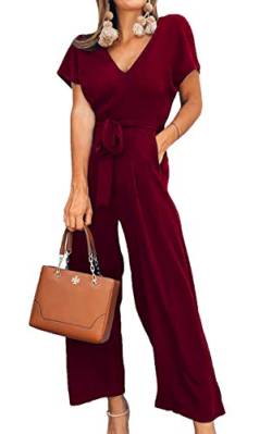 ASOMI Jumpsuit Damen Elegant für Hochzeit Strand Jumpsuit Damen Sommer Lang Hawaii Hosenanzug Damen Festlich Elegant Reißverschluss V-Ausschnitt Kurzarm mit Taschen und Gürtel Rot M von ASOMI