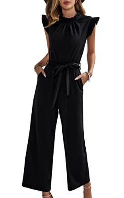 ASOMI Jumpsuit Damen Sommer Lang: Büro Tasche Mode Hawaii Overall Reißverschluss Lässig Elegant Urlaub Hosenanzug Gürtel Strand Kurzarm V-Ausschnitt Homewear Hohe Taille 3273Schwarz M von ASOMI