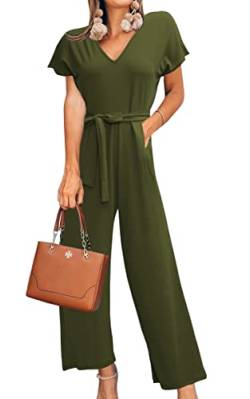 ASOMI Jumpsuit Damen Sommer Lang: Büro Tasche Mode Hawaii Overall Reißverschluss Lässig Elegant Urlaub Hosenanzug Gürtel Strand Kurzarm V-Ausschnitt Homewear Hohe Taille Armeegrün M von ASOMI