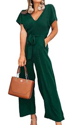 ASOMI Jumpsuit Damen Sommer Lang: Büro Tasche Mode Hawaii Overall Reißverschluss Lässig Elegant Urlaub Hosenanzug Gürtel Strand Kurzarm V-Ausschnitt Homewear Hohe Taille Grün S von ASOMI