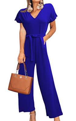 ASOMI Jumpsuit Damen Sommer Lang: Büro Tasche Mode Hawaii Overall Reißverschluss Lässig Elegant Urlaub Hosenanzug Gürtel Strand Kurzarm V-Ausschnitt Homewear Hohe Taille Königsblau L von ASOMI