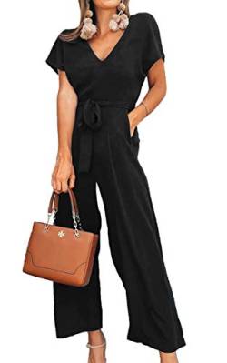 ASOMI Jumpsuit Damen Sommer Lang: Büro Tasche Mode Hawaii Overall Reißverschluss Lässig Elegant Urlaub Hosenanzug Gürtel Strand Kurzarm V-Ausschnitt Homewear Hohe Taille Schwarz L von ASOMI