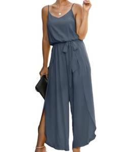 ASOMI Jumpsuit Damen Sommer Lang: Sexy Cocktail Elegant Mode Gürtel Overall Hochzeit Hawaii Urlaub Strand V-Ausschnitt Hosenanzug Business Baggy Festlich Spaghettiträger Outfit 84Grau Blau 2XL von ASOMI