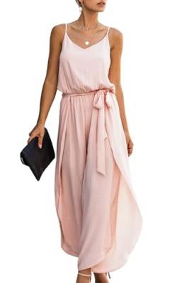 ASOMI Jumpsuit Damen Sommer Lang: Sexy Cocktail Elegant Mode Gürtel Overall Hochzeit Hawaii Urlaub Strand V-Ausschnitt Hosenanzug Business Baggy Festlich Spaghettiträger Outfit 84Rosa L von ASOMI