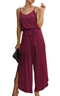 ASOMI Jumpsuit Damen Sommer Lang: Sexy Cocktail Elegant Mode Gürtel Overall Hochzeit Hawaii Urlaub Strand V-Ausschnitt Hosenanzug Business Baggy Festlich Spaghettiträger Outfit 84Rotwein M von ASOMI