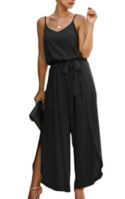 ASOMI Jumpsuit Damen Sommer Lang: Sexy Cocktail Elegant Mode Gürtel Overall Hochzeit Hawaii Urlaub Strand V-Ausschnitt Hosenanzug Business Baggy Festlich Spaghettiträger Outfit 84Schwarz S von ASOMI