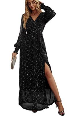 ASOMI Kleid Damen Polka Dot Pailletten Abendkleider Lang Elegant Sexy V-Ausschnitt Langarm Kurzarm Höhe Taille Schlitz Maxikleid mit Gürtel 347 Schwarz Small von ASOMI