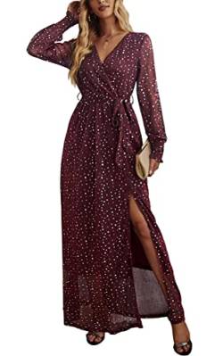 ASOMI Kleid Damen Polka Dot Pailletten Abendkleider Lang Elegant Sexy V-Ausschnitt Langarm Kurzarm Höhe Taille Schlitz Maxikleid mit Gürtel 347 Weinrot Small von ASOMI