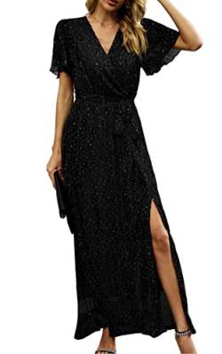 ASOMI Kleid Damen Polka Dot Pailletten Abendkleider Lang Elegant Sexy V-Ausschnitt Langarm Kurzarm Höhe Taille Schlitz Maxikleid mit Gürtel 368 Schwarz Large von ASOMI