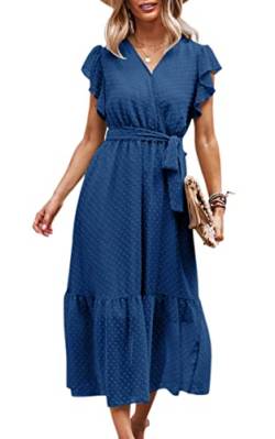 ASOMI Kleid Damen Sommer Lang V-Ausschnitt Wickelkleid Sommermode Kurzarm Langarm Blumen Rüschen Maxikleid Strandkleid mit Gürtel 171 Blau X-Large von ASOMI