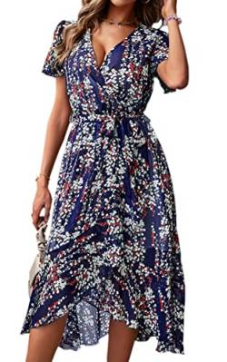 ASOMI Kleid Damen Sommer Lang V-Ausschnitt Wickelkleid Sommermode Kurzarm Langarm Blumen Rüschen Maxikleid Strandkleid mit Gürtel 283 Dunkelblau Small von ASOMI