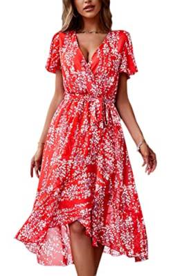 ASOMI Kleid Damen Sommer Lang V-Ausschnitt Wickelkleid Sommermode Kurzarm Langarm Blumen Rüschen Maxikleid Strandkleid mit Gürtel 283 Rot Medium von ASOMI