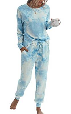 ASOMI Pyjama Damen Lang Schlafanzug Langarm Oberteil Lang Hosenanzug Tie Dye Zweiteilige Nachtwäsche Loungewear mit Taschen 035 Blau Weiß X-Large von ASOMI