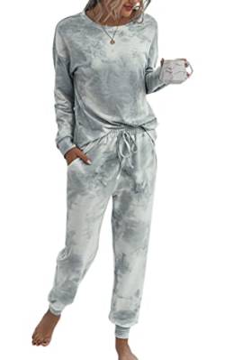 ASOMI Pyjama Damen Lang Schlafanzug Langarm Oberteil Lang Hosenanzug Tie Dye Zweiteilige Nachtwäsche Loungewear mit Taschen 035 Grau Weiß Large von ASOMI