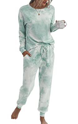 ASOMI Pyjama Damen Lang Schlafanzug Langarm Oberteil Lang Hosenanzug Tie Dye Zweiteilige Nachtwäsche Loungewear mit Taschen 035 Grün Weiß Large von ASOMI