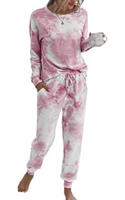 ASOMI Pyjama Damen Lang Schlafanzug Langarm Oberteil Lang Hosenanzug Tie Dye Zweiteilige Nachtwäsche Loungewear mit Taschen 035 Rosa Weiß Medium von ASOMI