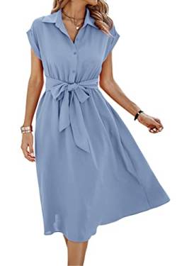 ASOMI Sommerkleid Damen Knielang Strandkleid Damen Hawaii Wickelkleid Damen Sommer Kleid Damen Elegant Blusenkleid Damen Frühling Kurzarm Midikleid Damen V-Ausschnitt Knopf A-Hellblau S von ASOMI