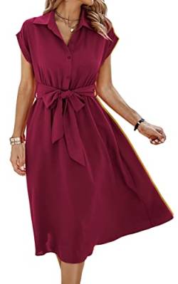 ASOMI Sommerkleid Damen Knielang Strandkleid Damen Hawaii Wickelkleid Damen Sommer Kleid Damen Elegant Blusenkleid Damen Frühling Kurzarm Midikleid Damen V-Ausschnitt Knopf A-Weinrot S von ASOMI