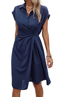 ASOMI Sommerkleid Damen Knielang Strandkleid Damen Hawaii Wickelkleid Damen Sommer Kleid Damen Elegant Blusenkleid Damen Frühling Kurzarm Midikleid Damen V-Ausschnitt Knopf D-Dunkelblau XL von ASOMI