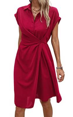 ASOMI Sommerkleid Damen Knielang Strandkleid Damen Hawaii Wickelkleid Damen Sommer Kleid Damen Elegant Blusenkleid Damen Frühling Kurzarm Midikleid Damen V-Ausschnitt Knopf D-Rot L von ASOMI