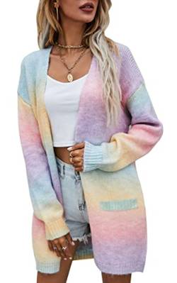 ASOMI Strickjacke Damen Langarm Regenbogen: Winter Herbst Sommer Pullover Elegant Pulli Cardigan Mode Kostüm Lässig Übergangsjacke Gestrickt Bunt Streifen Freizeitjacke mit Tasche AA-Rosa L von ASOMI