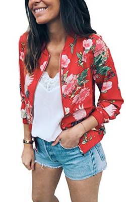 ASOMI Winterjacke Damen Sommer: Frühling Herbst Übergangsjacke Cardigan Blumen Bomberjacke Boho Blouson Jacke Leicht Langarm Leopard Blazer Elegant Reissverschluss Tasche 32Rot L von ASOMI