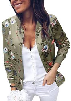 ASOMI Winterjacke Damen Sommer: Frühling Herbst Übergangsjacke Cardigan Blumen Bomberjacke Boho Blouson Jacke Leicht Langarm Leopard Blazer Elegant Reissverschluss Tasche A-Armee Grün S von ASOMI