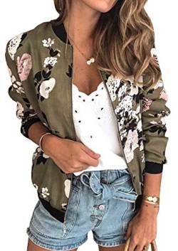 ASOMI Winterjacke Damen Sommer: Frühling Herbst Übergangsjacke Cardigan Blumen Bomberjacke Boho Blouson Jacke Leicht Langarm Leopard Blazer Elegant Reissverschluss Tasche AA-Armeegrün L von ASOMI