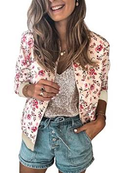 ASOMI Winterjacke Damen Sommer: Frühling Herbst Übergangsjacke Cardigan Blumen Bomberjacke Boho Blouson Jacke Leicht Langarm Leopard Blazer Elegant Reissverschluss Tasche AA-Rosa L von ASOMI