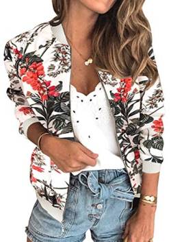 ASOMI Winterjacke Damen Sommer: Frühling Herbst Übergangsjacke Cardigan Blumen Bomberjacke Boho Blouson Jacke Leicht Langarm Leopard Blazer Elegant Reissverschluss Tasche AA-Weiß L von ASOMI