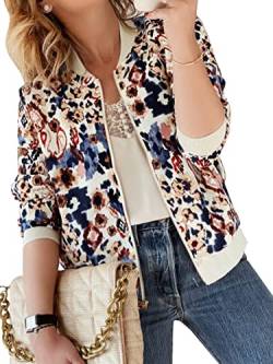 ASOMI Winterjacke Damen Sommer: Frühling Herbst Übergangsjacke Cardigan Blumen Bomberjacke Boho Blouson Jacke Leicht Langarm Leopard Blazer Elegant Reissverschluss Tasche C-Blaue Blumen M von ASOMI