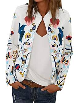 ASOMI Winterjacke Damen Sommer: Frühling Herbst Übergangsjacke Cardigan Blumen Bomberjacke Boho Blouson Jacke Leicht Langarm Leopard Blazer Elegant Reissverschluss Tasche D-Weiß L von ASOMI