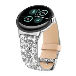 Bling Armband kompatibel mit Google Pixel Watch/Pixel Watch 2, 3D Glänzend Bling Glitzer Lederarmband für Google Pixel Watch Smartwatch Zubehör (Silber) von ASOTC