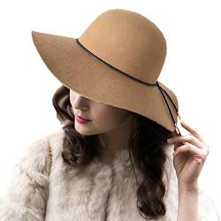 ASSQI Damen 100% Wolle faltbar breite Krempe Retro Fedora Floppy Filz Bowler Hut, W-beige, Einheitsgröße von ASSQI