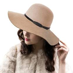 ASSQI Damen 100% Wolle faltbar breite Krempe Retro Fedora Floppy Filz Bowler Hut, Y-beige, Einheitsgröße von ASSQI