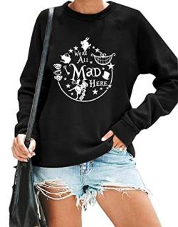 ASTANFY Alice im Wunderland Sweatshirt Damen Vintage Mad Hatter Shirt Magic Kingdom Pullover Urlaub Langarm Tops, Schwarz, Klein von ASTANFY