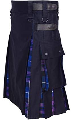 Kilts-Herren-Kilts mit Lederriemen, schottischer Hybrid, Baumwolle und Schottenkaro, Übergröße, Schwarz, Black & Pride of Scotland Tartan, 40'' waist at belly button von ASU KILTS
