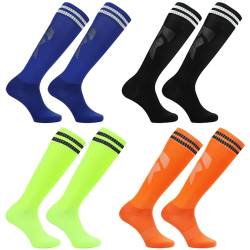 ATBUSS 4 paar Kinderfußballsocken, Overknee-Sportsocken, elastische Trainingssocken, neutrale Laufsocken, geeignet für Kinder von 5-12 Jahren (dunkelblau, orange, schwarz, fluoreszierendes Grün) von ATBUSS