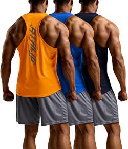 ATHLIO 3 Pack Herren Dry Fit Muscle Workout Tank Tops Y-Back Bodybuilding Gym Shirts Athletic Fitness Tank Top, Schnell trocknend, Kobaltblau/Orange/Marineblau, 3 Stück, L von ATHLIO