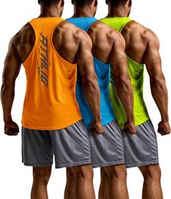 ATHLIO 3er-Pack Herren Dry Fit Muscle Workout Tank Tops Y-Back Bodybuilding Gym Shirts Athletic Fitness Tank Top, Quick Dry 3er Pack Orange / Himmelblau / Neongelb, L von ATHLIO