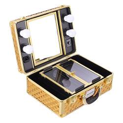 ATHUAH Professioneller Make-up-Koffer mit einstellbaren warmen LED-Lichtern, Kosmetik-Koffer, Beauty-Kosmetik-Werkzeugkasten mit Spiegel, tragbarer Eisenbahn-Koffer für Reisen, Gold von ATHUAH
