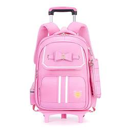 ATHUAH Rollbarer Trolley-Rucksack, Treppensteiger-Trolley-Schultasche, modischer Rucksack mit großem Fassungsvermögen, rosa, Zwei Runden, Kinder-Rucksack-Trolley-Tasche von ATHUAH