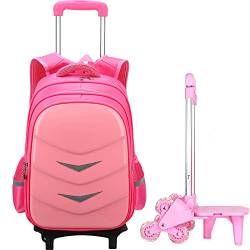 ATHUAH Trolley-Rucksack mit Rollen, Kinderrucksack-Trolley-Tasche, Grundschul-Trolley-Schultasche, wasserdichter und verschleißfester Rucksack zum Treppensteigen, rosa, sechs Runden von ATHUAH