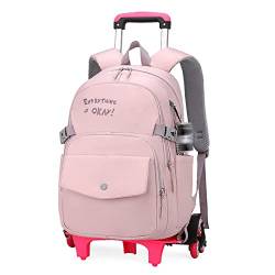 ATHUAH Trolley-Rucksack mit Rollen, einfache Trolley-Schultasche, modische Schultasche mit großem Fassungsvermögen, lila, sechs Runden, Kinder-Rucksack-Trolley-Tasche von ATHUAH