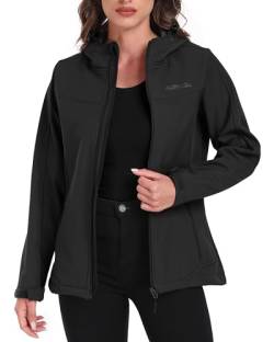 ATLASLAVA Softshelljacke Damen übergangsjacke Leichte softshellmantel Wasserdicht Atmungsaktiv Winddichte mit Kapuze für Outdoor Wandern Jogging Walking Schwarz L von ATLASLAVA